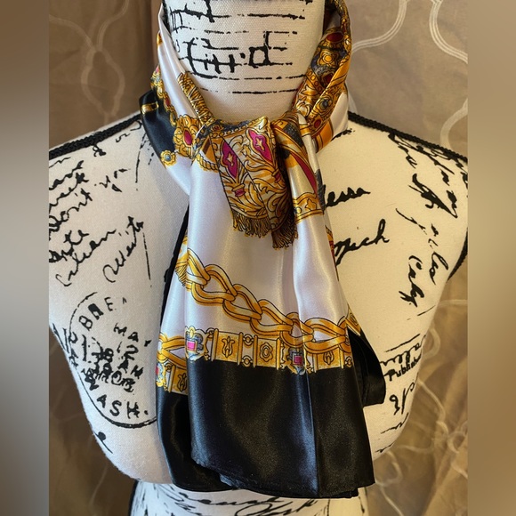 VTG Large Square Silky Fashion Scarf w/Gold, Black & Magenta Boho Designs - Picture 2 of 5